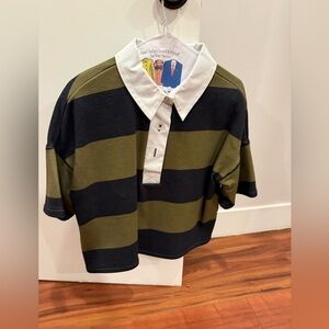 The Kit Olive & Black Striped Rugby Polo with White Collar